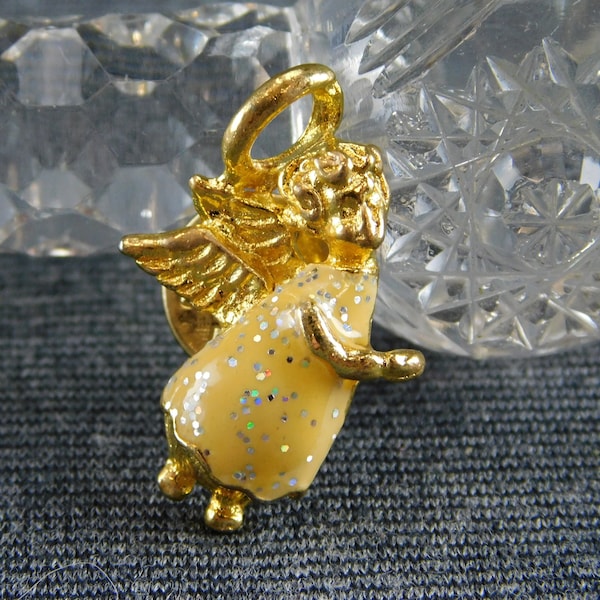 Gold Tone Glitter Sparkle Angel Scatter Pin Lapel Pinback Collar Pin Enameled 1-1/8" tall - Vintage, Enamel, Angel, Halo, Shoulder, Sweet