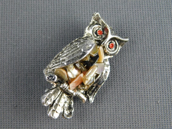 Vintage Owl Bird Pin Brooch Silver Tone w Stone C… - image 2