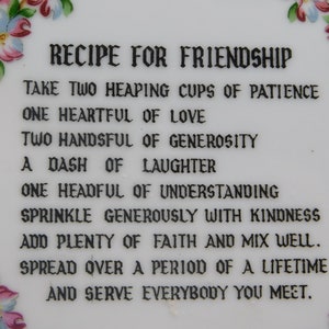 Recipe for Friendship Plate Ceramic Gold Trimmed Vintage Floral Unsigned 7-1/4 Diameter Unmarked, Poem, Gift, Souvenir,Sweet, Scalloped image 2