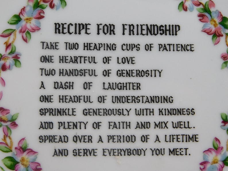 Recipe for Friendship Plate Ceramic Gold Trimmed Vintage Floral Unsigned 7-1/4 Diameter Unmarked, Poem, Gift, Souvenir,Sweet, Scalloped image 2