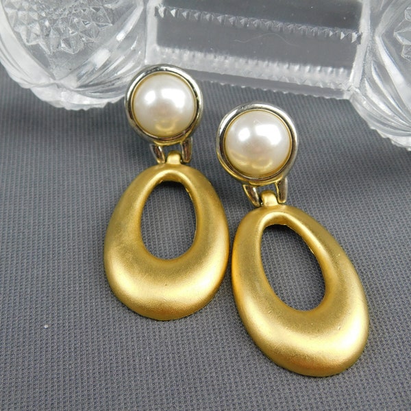 Two Tone (Gold & Silver Tone) Dangle Faux Pearl Clip On earrings Vintage Unsigned 1" Wide by 2-1/2" Long - Wedding, Brushed, Matte, Comfy