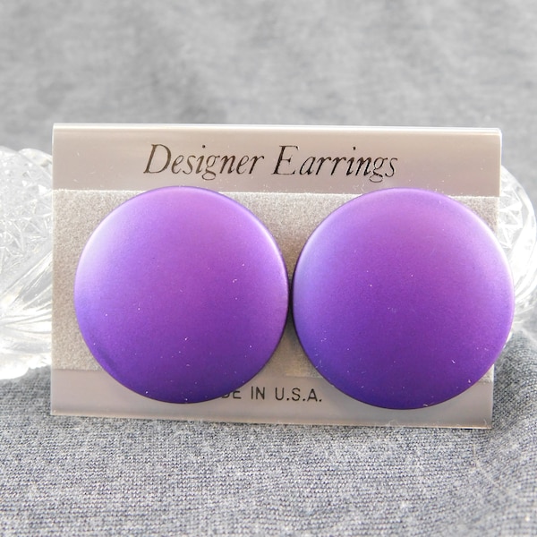 Round Purple Satin Finish Pierced Stud Earrings New Old Stock Made in USA 1-1/2" Diameter - Disco, Statement, Wild, Retro, Party, Runway