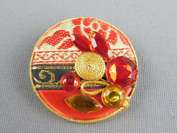 Hand Made Brooch Pin Red Gold Brocade and Rhinestones 2 1 8 Dia