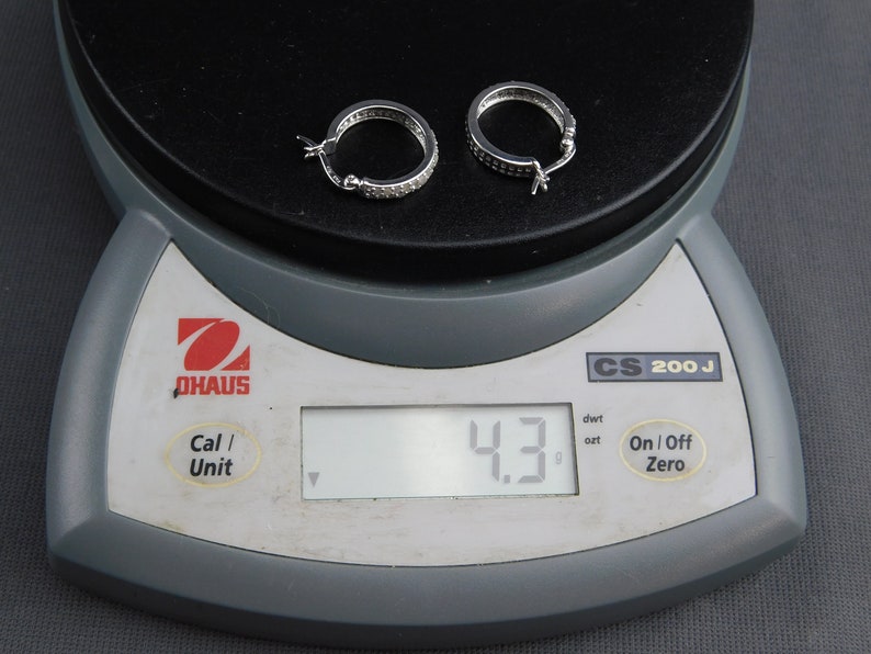 Sterling Silver .925 Genuine Diamond Hoop Earrings Pierced Signed FAS 4.3 Grams 34 Diameter 18 Wide Double Row of Stones Vintage