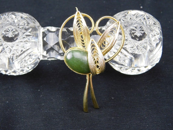 Yellow Gold Plated Filigree Jade Brooch Pin Leave… - image 1
