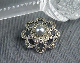 Art Deco Marcasite Sterling Silver and Pearl Flower Pin Brooch 4.16 Grams 1" Diameter - Vintage, Antique, Floral, Quality