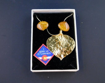 24K Gold Plated Quaking Aspen Leaf Pendant Necklace w Natural Aspen leaf Pierced Stud Earrings 20" Chain 1-3/8" Wide X 1-9/16" Long Pendant