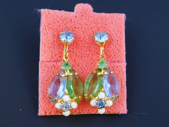 Stunning Pastel Rhinestone Drop Clip On Earrings … - image 2