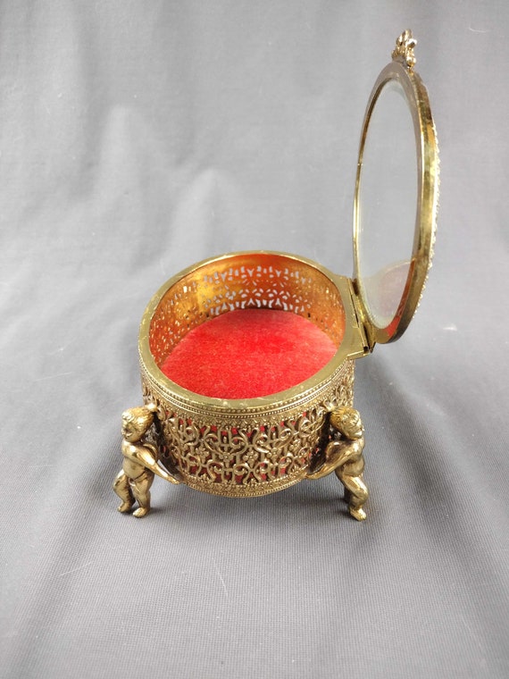 Vintage Brass Filigree Ormolu Jewelry Casket Trin… - image 3