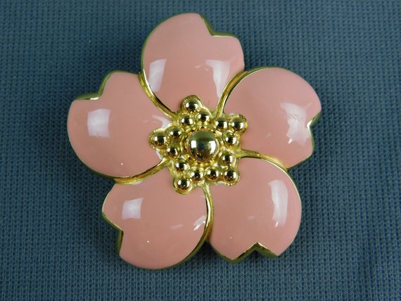 Monet Designer Flower Pink Enamel and Gold Tone V… - image 2
