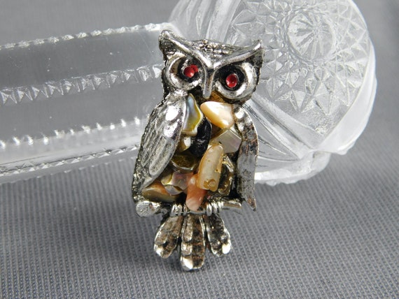Vintage Owl Bird Pin Brooch Silver Tone w Stone C… - image 1