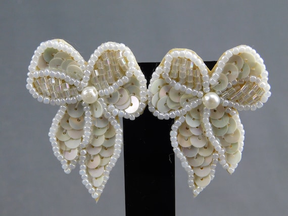 Sequin and Bead Bow Earrings Vintage White Cream … - image 1