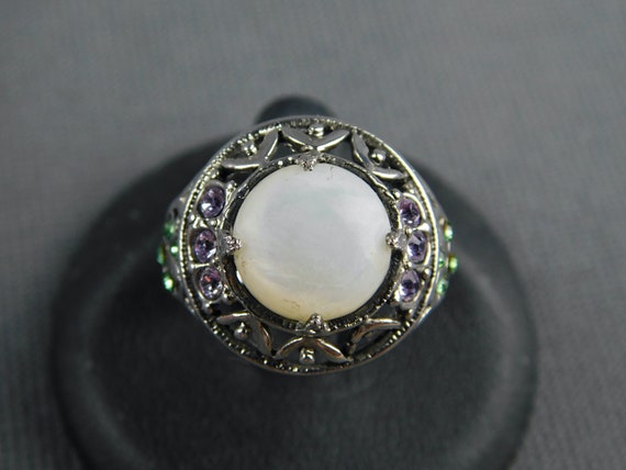 Sterling Silver Mother of Pearl & Crystal Ring Fi… - image 2