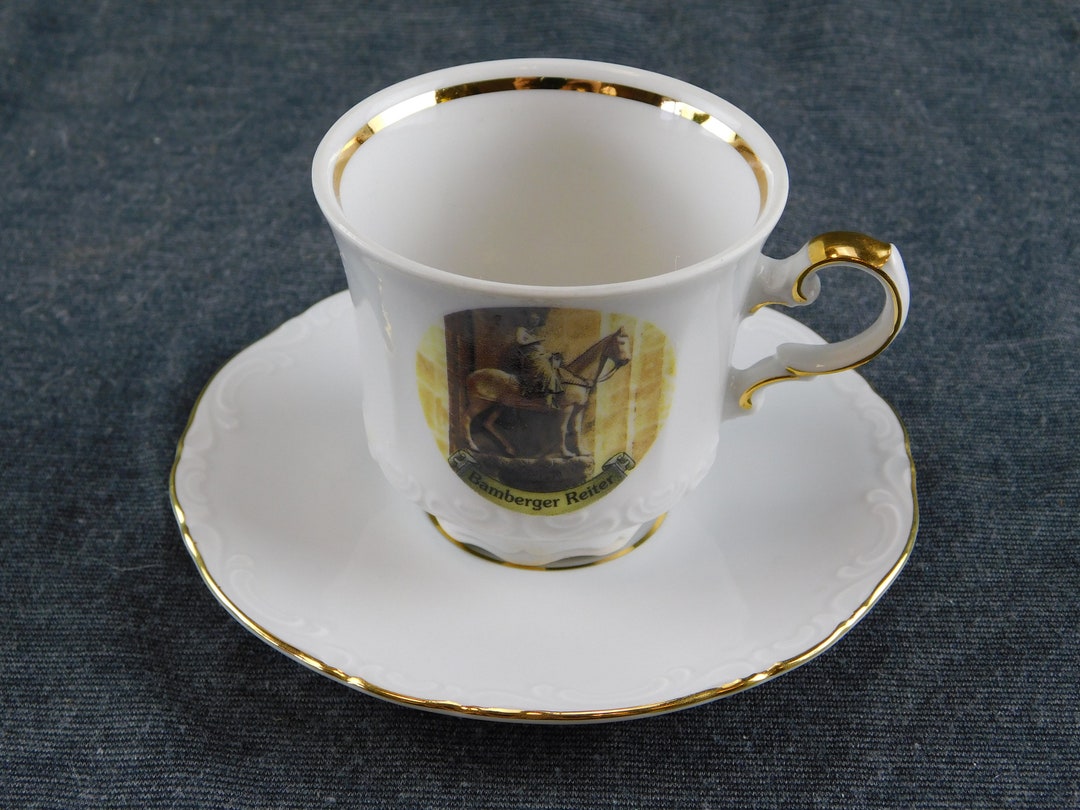 Bamberger Reiter Souvenir Cup and Saucer Horse and Rider Statue Bavaria Germany Theo Ruhn