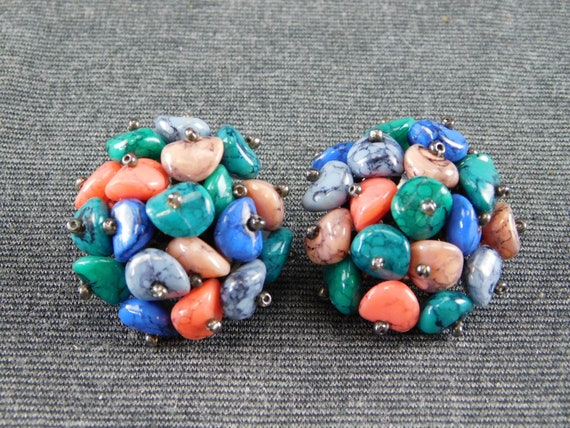 Stone Clip On Earrings Multi-Color Beaded Domed 1… - image 2