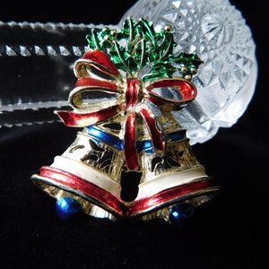 Vintage Christmas Bells Brooch Pin in Silver Tone Painted Holly Bow 1=7/8" Tall by 1-11/16" Wide - Xmas, Unsigned, Unmarked, Holiday, Old