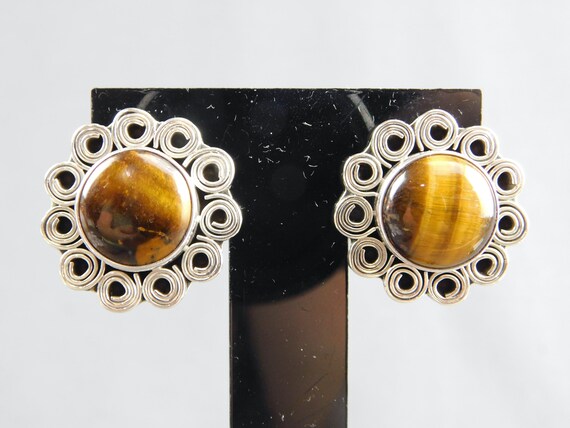 Sterling Silver and Tiger's Eye Pierced Stud Earr… - image 1