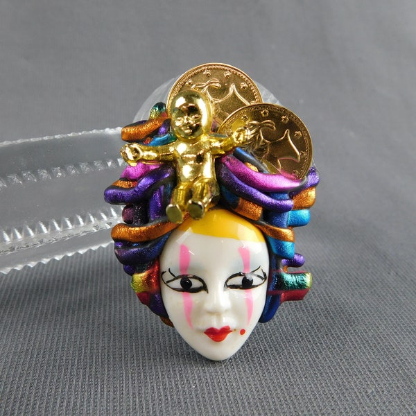 Mardi Gras Mask Brooch Jewel Tones baby Coins 2-1/4" Tall by 1-5/8" Wide - Party, Luck, Hand made, Unbranded, Unsigned, Vintage