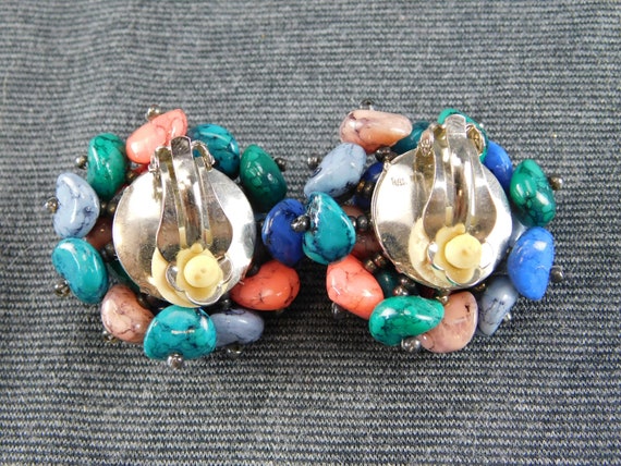 Stone Clip On Earrings Multi-Color Beaded Domed 1… - image 3