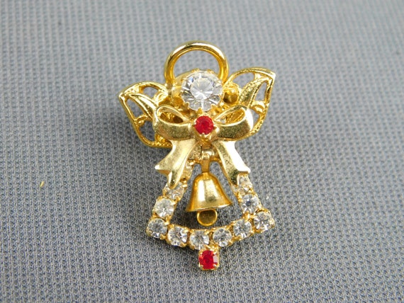 Unsigned Gold Tone Angel Pin Gold Tone Red and Cl… - image 2