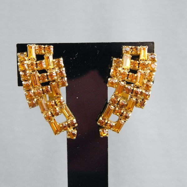 Authentic La Rel Gold Tone and Amber Rhinestone Clip On Earrings - 1-1/2" L, 5/8" W - Elegant Clip-On Earrings, Designer Signed, Retro