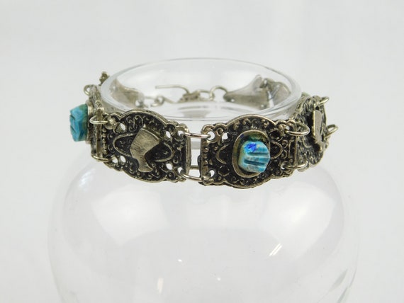 Egyptian Revival Bracelet Silver Tone Faux Turquo… - image 1