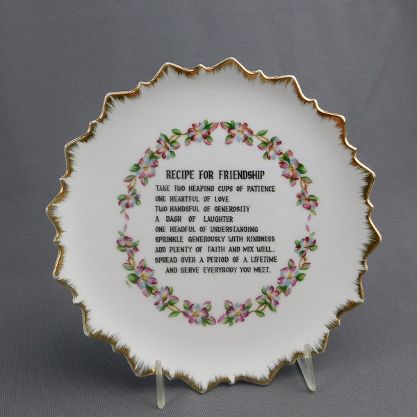 Recipe for Friendship Plate Ceramic Gold Trimmed Vintage Floral Unsigned 7-1/4" Diameter - Unmarked, Poem, Gift, Souvenir,Sweet, Scalloped