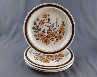 Ensemble de 4 assiettes Homer Laughlin HLC909 Country Inn Collection - 10 » diamètre - Marron, Fleurs orange, Florales, Grès, Fabriqué aux États-Unis