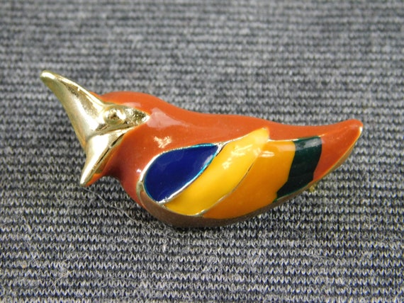 Cardinal Woodpecker Enameled Bird Pin Brooch Gold… - image 2