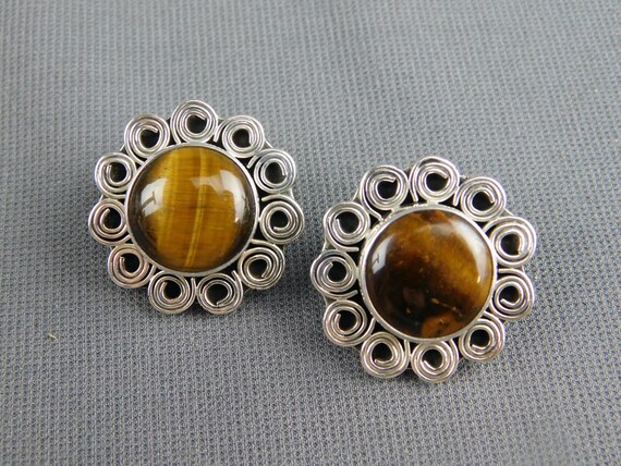 Sterling Silver and Tiger's Eye Pierced Stud Earr… - image 2