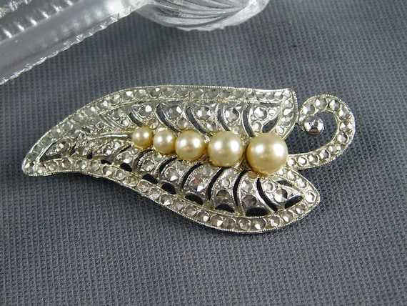 Silver Tone and Faux Pearl Leaf Brooch 2-1/4" by … - image 1