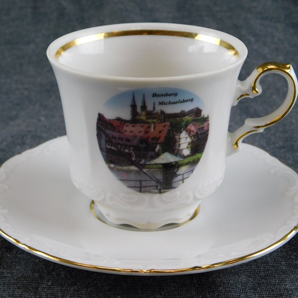 Bamberg Michaelsberg Germany Souvenir Demitasse Cup and Saucer Theo Ruhn Burgmindscheim Bavaria 2-1/4" T by 2-1/2" D cup and 4-1/2" D Saucer