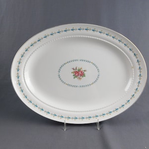 Mt Vernon by Harmony House 13" Oval Serving Platter - 13-1/4" Long, 9-3/4" Wide - Pink Roses, Blue and Yellow Garland, circa 1941-1959