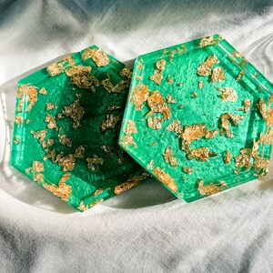 Dark Green and Gold Coasters | Set of 2 Coasters - Gift For the Home - Unique Housewarming Gift- Gifts for the Home
