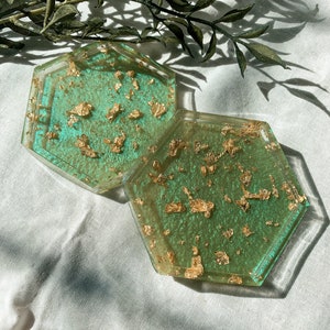 Spring Green and Gold Flake Coasters | Set of 2 Coasters | Gift For the Home | Unique Housewarming Gift