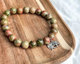 Unakite Gemstone Bracelet with Elephant Charm | Handmade Beaded Bracelet | Grounding and Balancing Gemstone | Gifts Under 30