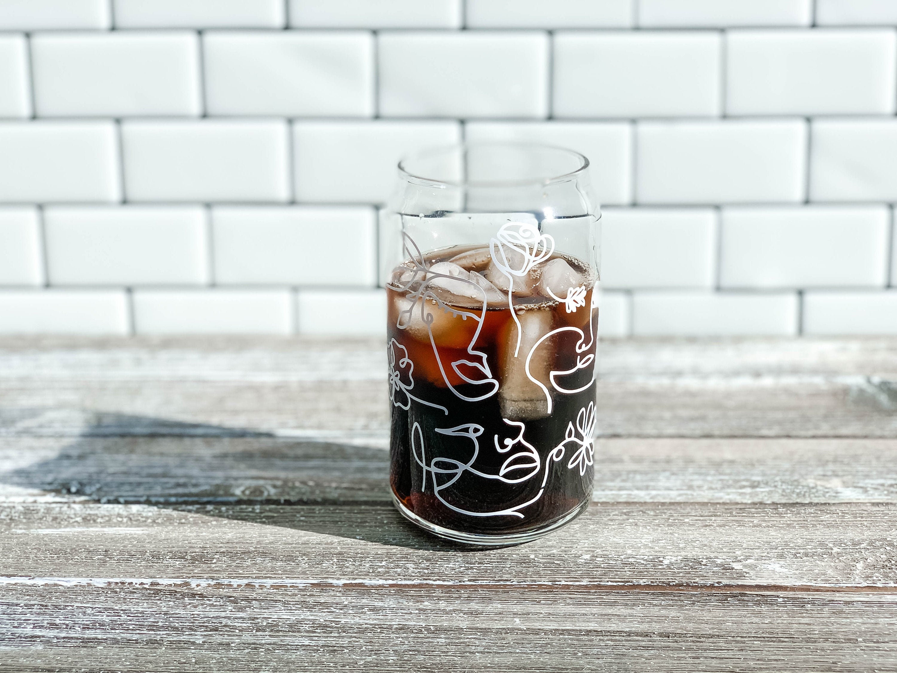 Cantte en Verre de Café Glacé, Visages Abstraits Canc Verre, Tasse Minimaliste, Boisson à Fleurs, Ca