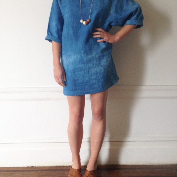 Linen Shibori Indigo Dyed Shift Dress 3/4 Sleeve