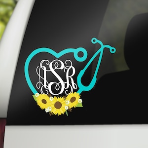 Sunflower Nurse Stethoscope Heart Monogram Car Decal (waterproof)