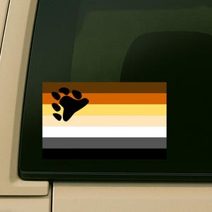 Bear Pride Flag Decal (waterproof) Black, Gray, White, Yellow and Brown Flag with a paw