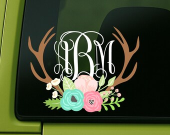 Floral Antler Monogram Decal: Boho Yeti Cup Sticker