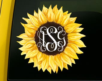 Watercolor Sunflower Monogram Decal: Personalized Car Window Sticker