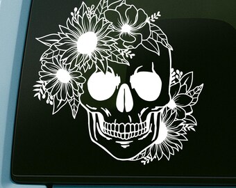 Calcomanía de vinilo con calavera floral: calcomanía bohemia impermeable para vasos y portátiles.