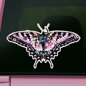 Pink Butterfly Car Decal: Waterproof Vinyl with Flowers