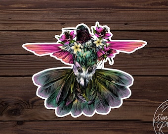 Hummingbird with Flowers Car Decal: Waterproof Vinyl Sticker