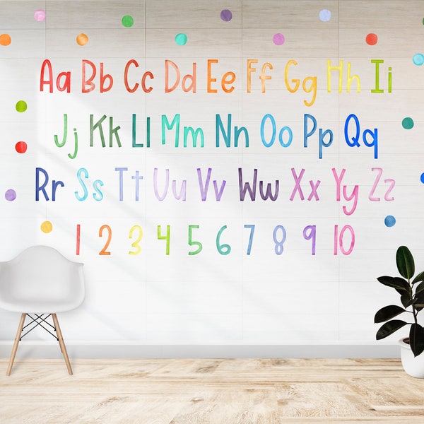 Watercolor Rainbow Alphabet Wall Decal Set Upper Case Lower Case Numbers Rainbow Dots