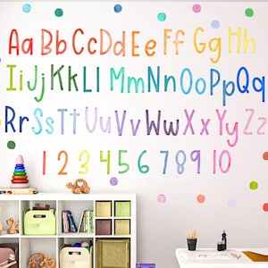 Watercolor Rainbow Alphabet Wall Decal Set Upper Case Lower Case Numbers Rainbow Dots