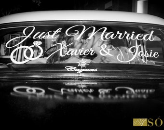 Just Married Back Window Wedding Decor w/ Names | Removable Just Married Car Window Decal