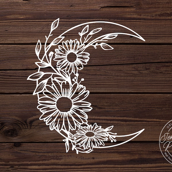 Crescent Moon with Daisy outline waterproof Vinyl Decal
