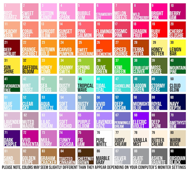 Puede incluir: Una carta de colores con 90 muestras de color diferentes, cada una con un nombre. Los colores est&aacute;n dispuestos en filas y columnas, y los nombres est&aacute;n impresos debajo de cada muestra. La carta est&aacute; titulada "Tenga en cuenta que los colores pueden parecer ligeramente diferentes de lo que aparecen en la pantalla de su computadora."
